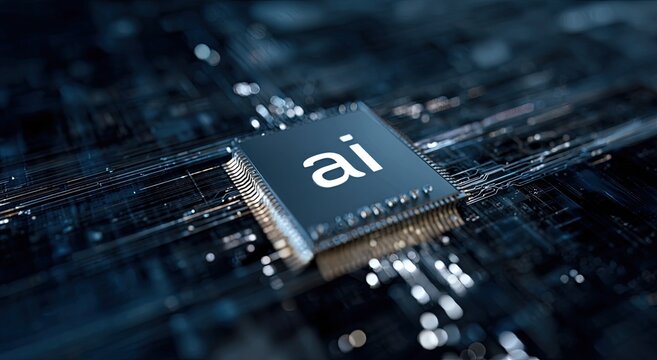 Macro shot of a microchip with the "ai" symbol glowing in the center, surrounded by circuits