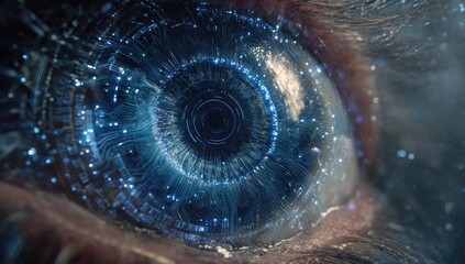 Close-up of an eye with digital circuitry superimposed, creating a futuristic cyborg aesthetic