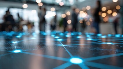 Close-up of a digital network overlaid on a table with a blurred office environment
