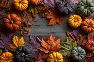 An autumnal arrangement of colorful pumpkins and fall leaves on a weathered wood surface