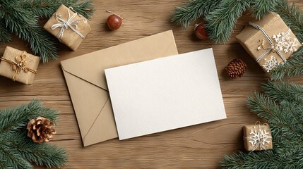 Christmas 7x5 card mockup with envelope fir twigs and festive decor on wooden background winter holiday and New Year greeting or invitation template with blank space for design branding and print