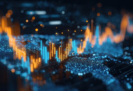 Abstract digital landscape features data visualizations with blue and orange light trails