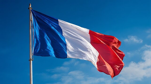 Majestic French Tricolore flag proudly waving against a vibrant blue sky, symbolizing national pride and freedom.