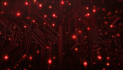 Abstract dark composition, a circuit board with illuminated red pathways and glowing nodes