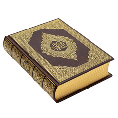 Fototapeta premium Beautiful closed Quran with ornate leather cover displayed on a white background showcasing fine craftsmanship and details