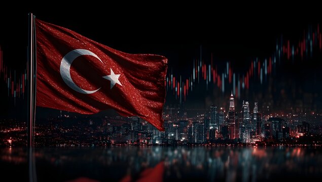Waving turkish flag against a dramatic night sky over a cityscape with stock market data overlay