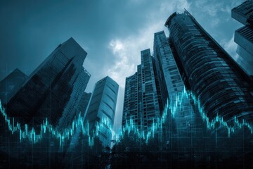 A striking illustration showing skyscrapers overlaid with a teal financial market graph