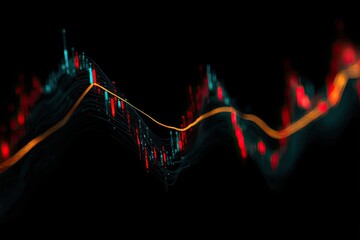 Abstract graphic of stock chart, teal and red candles with a gold trend line on black background