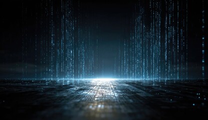 Futuristic digital abstract scene with cascading blue data streams and illuminated floor