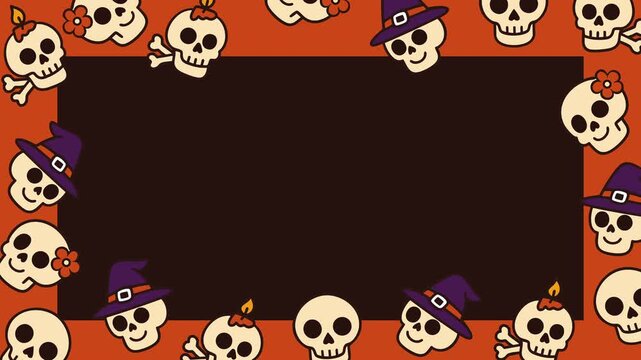 Animated Halloween background featuring adorable cartoon skulls wearing witch hats, candles, and flowers forming a festive border on an orange and dark brown frame. Perfect for spooky or seasonal