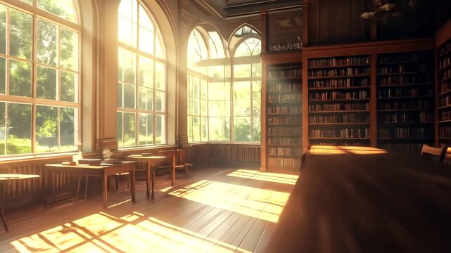 Sunlight streams into a grand library filled with books and wooden tables.
