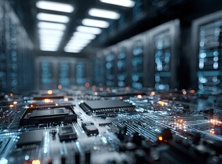 A blurred, close-up view of a detailed circuit board inside a technology server room