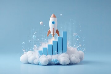 A 3D illustration shows a rocket taking off above a rising bar graph