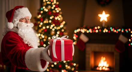 Santa Claus Holding a Red Christmas Gift Box in Front of a Fireplace