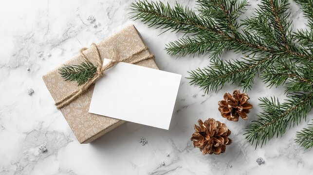 Christmas gift box with note card and evergreen branch decor on marble background, flat lay top view with copy space, winter holiday greeting and stationery mockup for branding