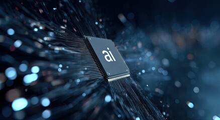 A computer chip with "ai" illuminated, connected by intricate, glowing data pathways
