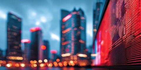 A cityscape at dusk with skyscrapers in the background and a vibrant, red illuminated display