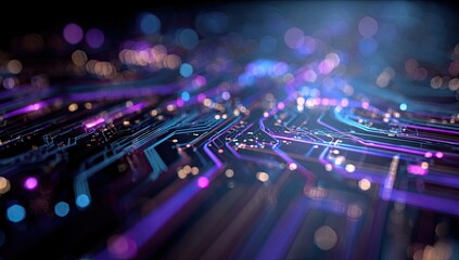 Abstract circuit board with illuminated pathways, bokeh lights, and a blurred, futuristic design