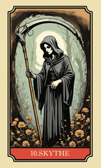 Fototapeta premium Scythe. A comic-style fantasy card from the Lenormand Oracle deck. The classic 5:3 ratio for divination cards.