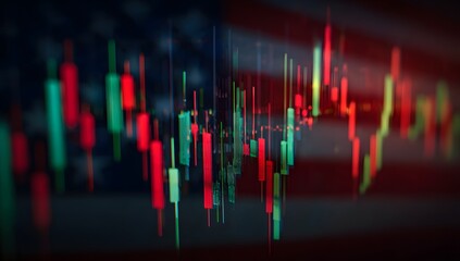 Abstract representation of financial market candlestick charts showing fluctuating prices with upward and downward trends in a dark moody setting