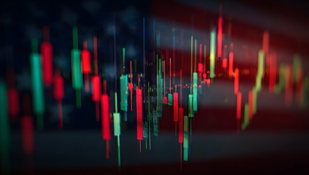 Abstract representation of financial market candlestick charts showing fluctuating prices with upward and downward trends in a dark moody setting