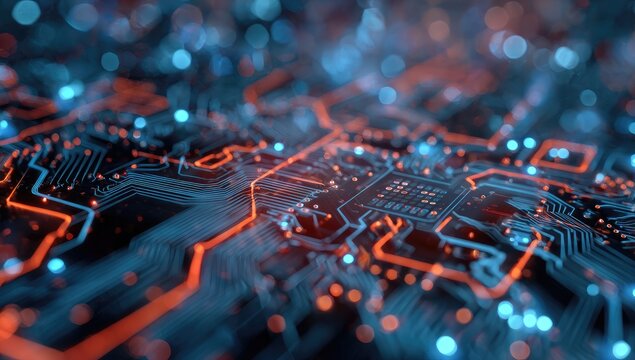 Abstract close-up of a computer circuit board, with glowing blue and orange components