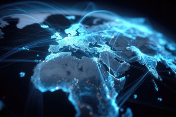A glowing, abstracted visualization of global connectivity across continents
