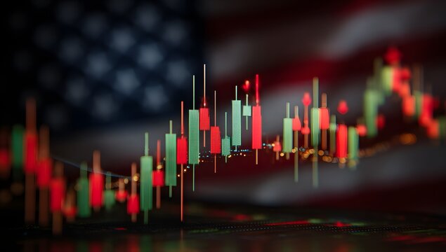 Abstract representation of financial market trading charts with candlestick patterns overlaid on a blurred american flag background symbolizing economic activity - Powered by Adobe