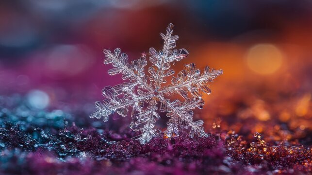 Delicate snowflake in macro view showcasing intricate frost crystal details on a vibrant colorful background, capturing the beauty of winter ice patterns for seasonal nature art and festive holiday de