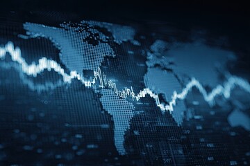 Digital illustration of a financial graph over a global map, showcasing market fluctuations