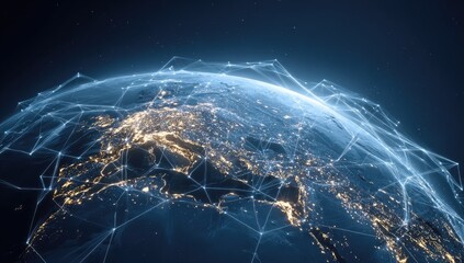 A nighttime Earth view with a network overlay depicting global connectivity