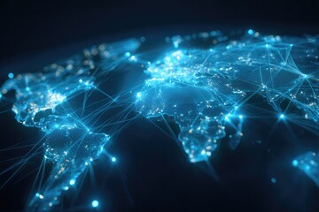 A digitally crafted world map overlaid with a network of glowing blue lines, symbolizing global connectivity