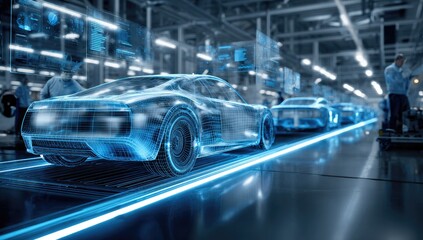 Futuristic view of a car assembly line featuring digital overlays and workers in a factory setting