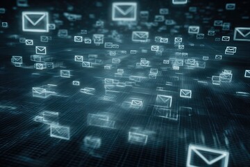 Cyber world of illuminated mail symbols floats through cyberspace, a digital wave of communications