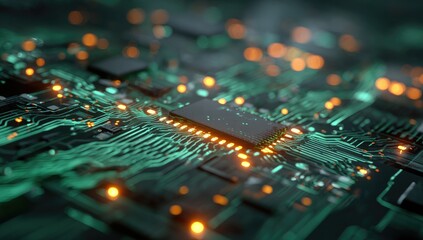 Close-up view of a computer circuit board with glowing orange and green lights, showcasing tech detail