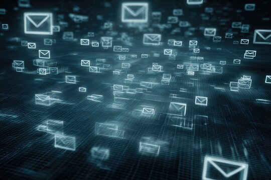 Cyber world of illuminated mail symbols floats through cyberspace, a digital wave of communications