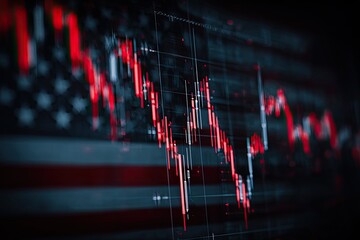 Financial downturn visualized by a falling red graph overlayed on a blurred American flag