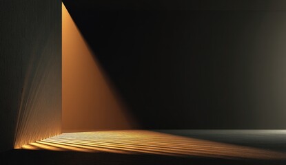 An interior corner bathed in warm light, illuminating a textured wall and floor, with deep shadows