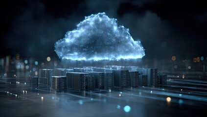 Digital cloud emitting from server stacks, glowing with blue light against dark background