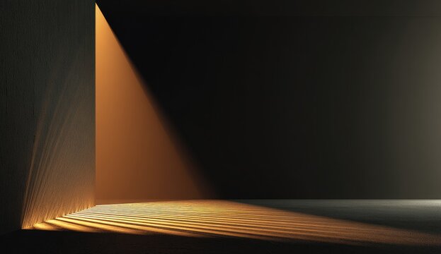 Fototapeta An interior corner bathed in warm light, illuminating a textured wall and floor, with deep shadows