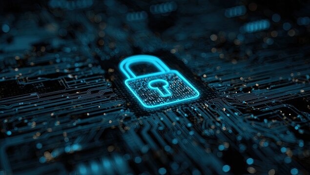 Illuminated neon padlock graphic set atop intricate circuit board, representing cyber security - Powered by Adobe
