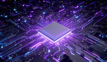 Futuristic close-up of a computer chip illuminated with glowing purple and blue light