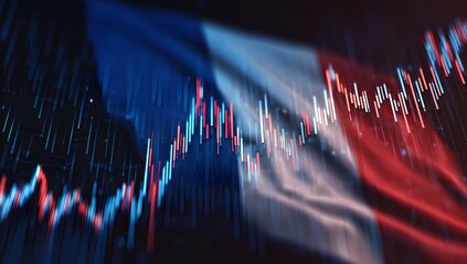 Abstract representation of financial market fluctuations and economic trends overlaid on the blurred national flag of france symbolizing the country s economic performance and investment landscape