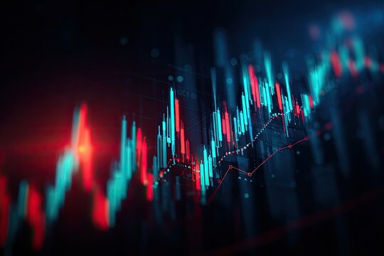 Glowing blue and red financial data graph against a dark background; abstract stock market trend