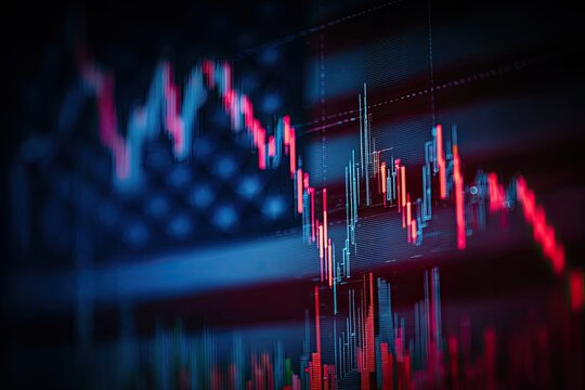 Stock chart overlaying American flag in shades of red and blue, representing market fluctuations