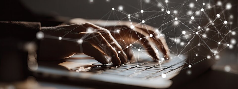 Close-up of hands typing on a laptop keyboard, with a digital network overlay