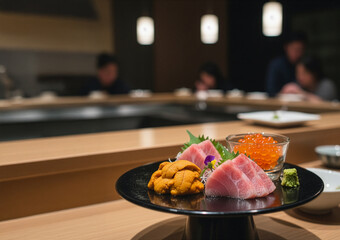 旬の海の幸：高級カウンターで味わう、とろけるマグロ・濃厚ウニ・輝くイクラの豪華刺身