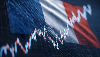 Visual representation of the french economy with a national flag and a fluctuating financial market graph showing trends and data analysis
