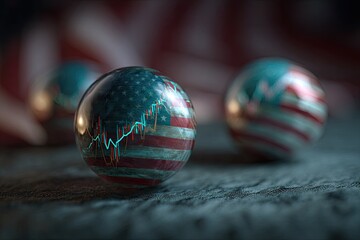 Spheres of an American flag with overlaid financial charts, on a textured surface with flag background