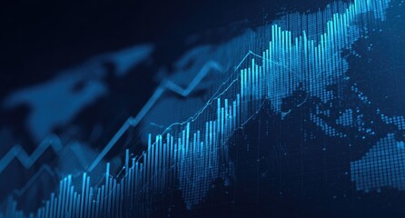 Blue-toned digital illustration depicting global market trends with rising graphs and bar charts